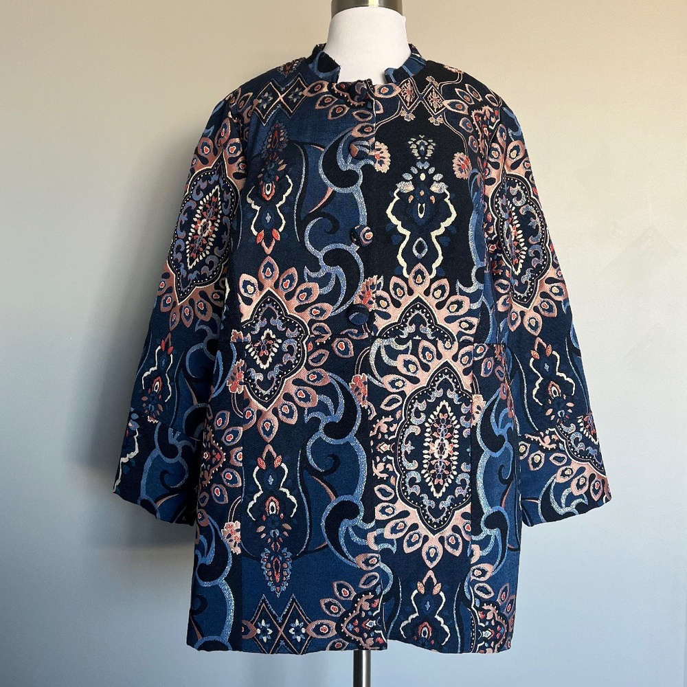 Chico's Topper Jacquard Mandarin Neckline Shimmer Special Occasion Jacket Duster